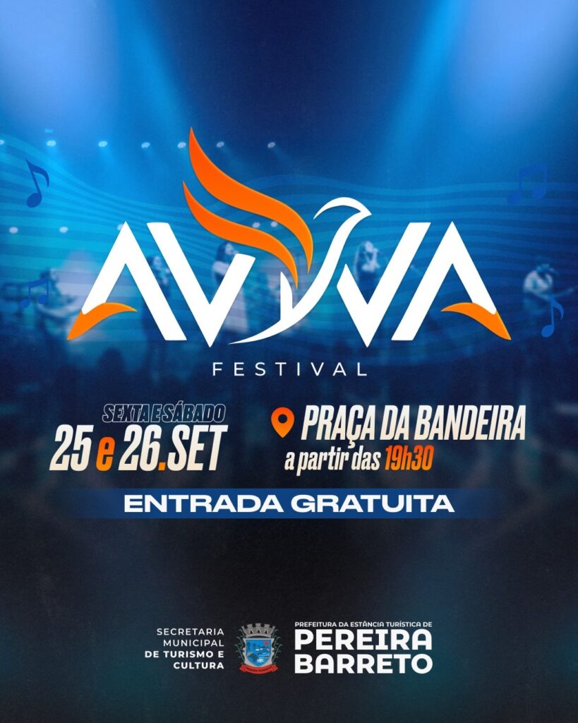 Prefeitura de Pereira Barreto anuncia realização do ‘Aviva Festival’ em setembro na Praça da Bandeira​Evento musical gratuito ocorrerá nos dias 25 e 26 de setembro