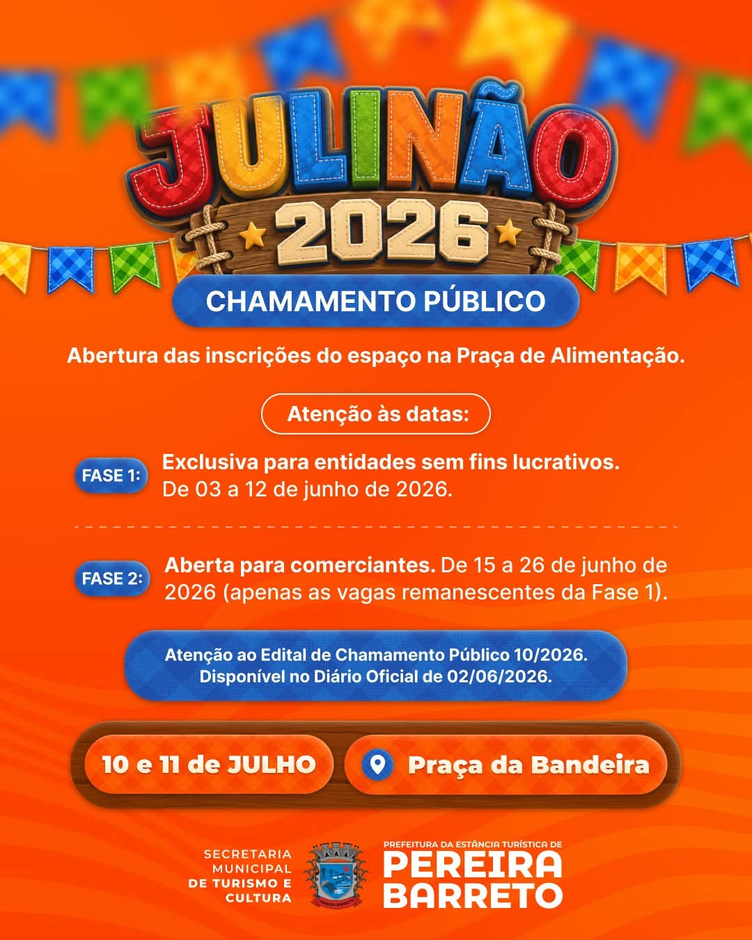 Prefeitura de Pereira Barreto abre chamamento público para a Praça de Alimentação do Julinão 2026