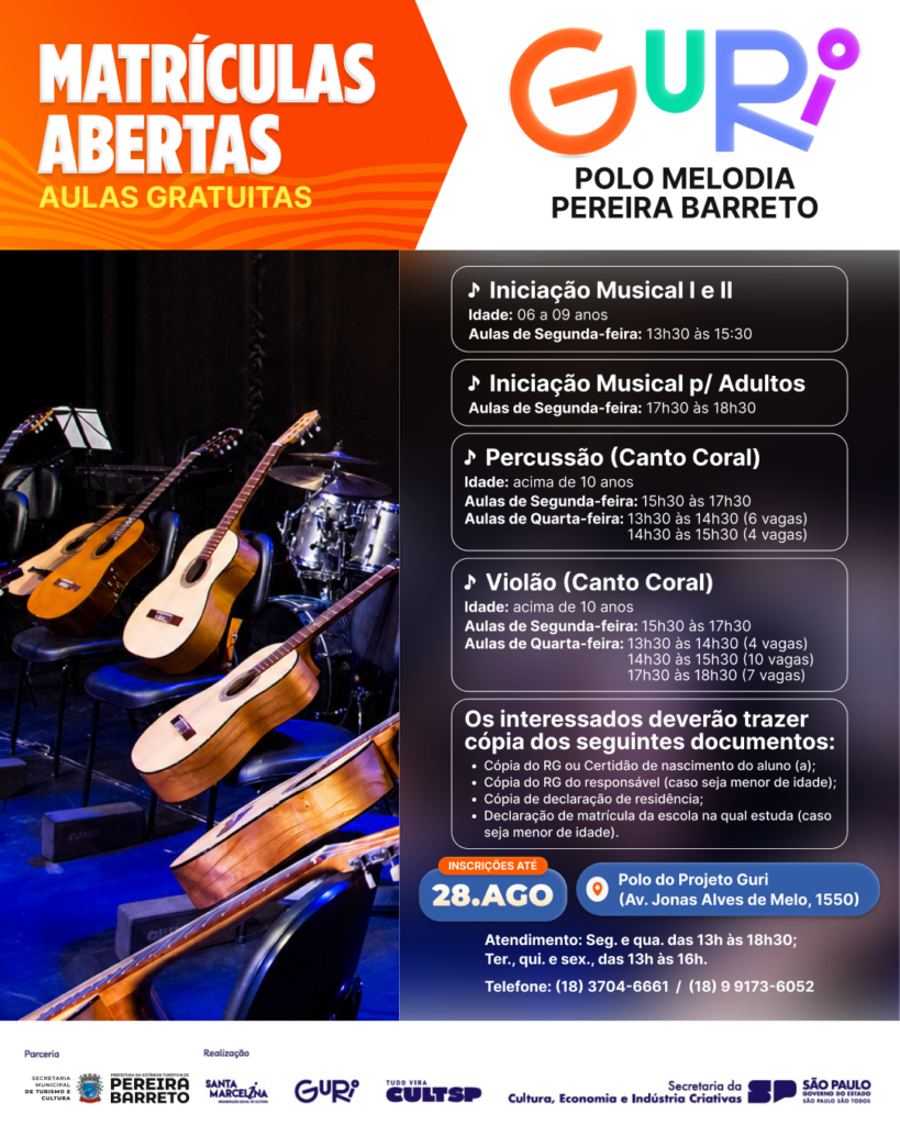 Projeto Guri abre matrículas para cursos gratuitos de música em Pereira Barreto