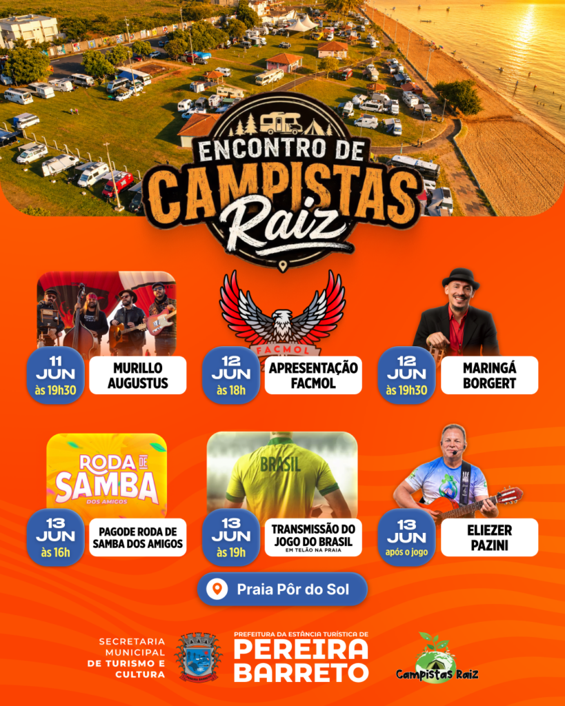 Praia Pôr do Sol em Pereira Barreto recebe nova edição do Encontro de Campistas Raiz com shows e transmissão da Copa do Mundo